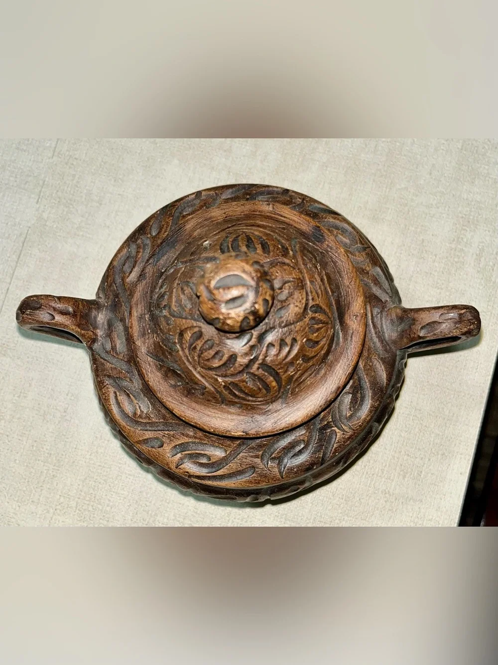 Vintage Hand-Carved Rustic Clay Covered Pot